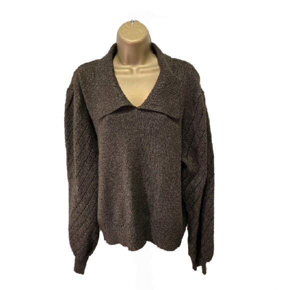 Brown Sweater Womens Size XXL Plus Peter Pan Collar Balloon Puff Sleeve Ryegrass - Picture 8 of 8